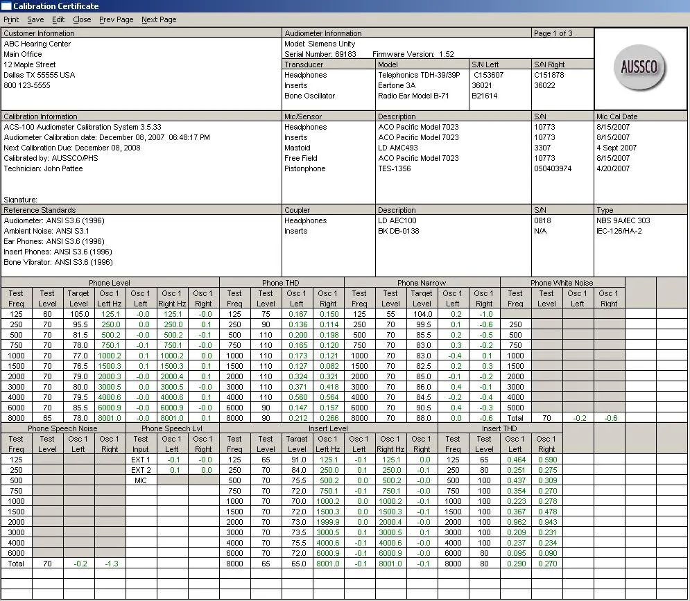 Example ACS audiometer calibration certificate